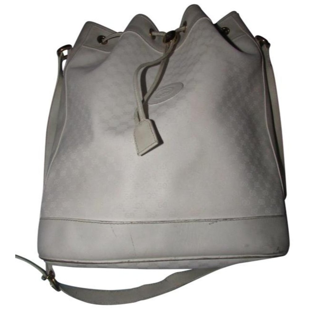 Gucci Cross Body Bucket Purse White Small G Logo Print Coated Canvas And Leather